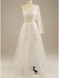 Strand Sexy Boho Brautkleider Hofschleppe Etuikleid/Spalte Langarm Ein-Schulter Spitze Mit Schlitz Vorne