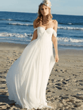 Abito da Sposa Sexy Boho Spiaggia Lungo A-Line Senza Maniche Scollato Spalla Chiffon Con Piega Tinta Unita