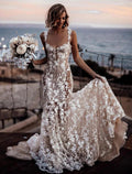 Strand Sexy Boho Brautkleider Meerjungfrau / Trompete Schatz Normale Träger Hofschleppe Spitze Brautkleider mit Applikationen Sommer Herbst Hochzeitsfeier