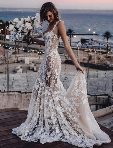 Beach Sexy Boho Wedding Dresses Mermaid / Trumpet Sweetheart Regular Straps Court Train Lace Bridal Gowns With Appliques Summer Fall Wedding Party