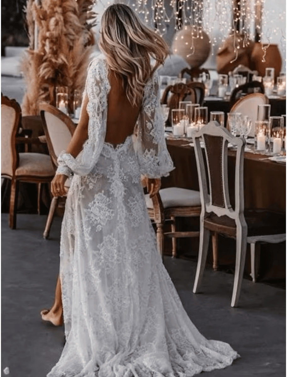 Beach Sexy Boho Wedding Dresses Sweep / Brush Train A-Line Long Sleeve V Neck Lace With Appliques Split Front