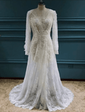 Abito da Sposa Sexy Boho Spiaggia con Strascico a Pennello / Spazzola, Linea A, Manica Lunga, Scollo a V, Pizzo e Appliques, Spacco Frontale