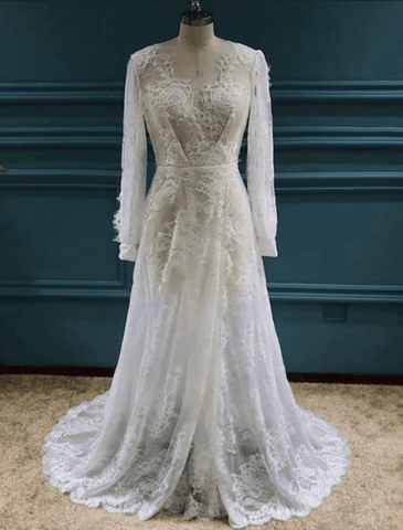 Beach Sexy Boho Wedding Dresses Sweep / Brush Train A-Line Long Sleeve V Neck Lace With Appliques Split Front