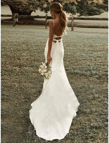 Vestidos de noiva casuais e sensuais para praia, bainha/coluna, camisola quadrada, alças finas, cauda longa/escova, tecido elástico, vestidos de noiva para áreas exteriores com franzido, frente dividida, festa de verão