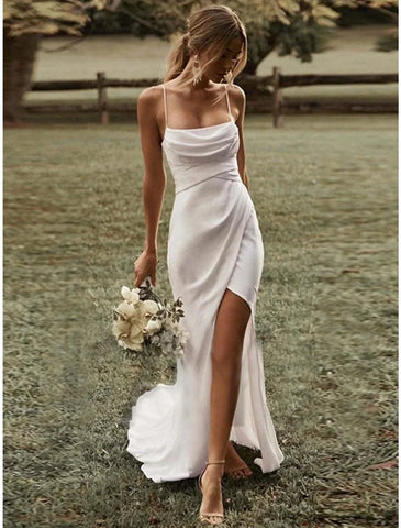 Vestidos de noiva casuais e sensuais para praia, bainha/coluna, camisola quadrada, alças finas, cauda longa/escova, tecido elástico, vestidos de noiva para áreas exteriores com franzido, frente dividida, festa de verão