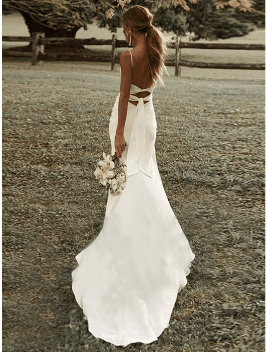 Beach Sexy Casual Wedding Dresses Sweep / Brush Train Sheath / Column Sleeveless Square Spaghetti Strap Stretch Fabric With Ruched Split Front – Nightbubo