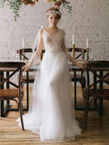 Abito da Sposa da Cerimonia in Tulle con Scollatura a V e Perline, Linea A