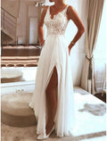 Abito da Sposa in Chiffon con Scollo a V, Senza Maniche, Lungo fino al Pavimento e Spacco Frontale per Cerimonia in Spiaggia