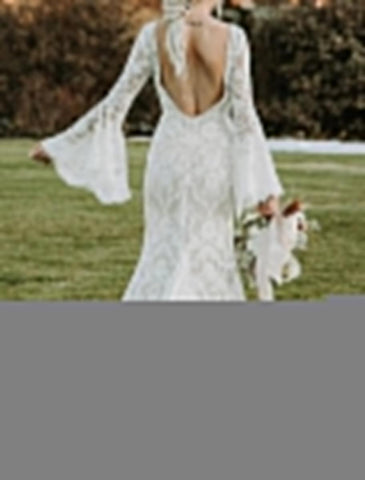 Beach Vintage Open Back Boho Wedding Dresses Mermaid / Trumpet V Neck Long Sleeve Court Train Lace Bridal Gowns With Appliques