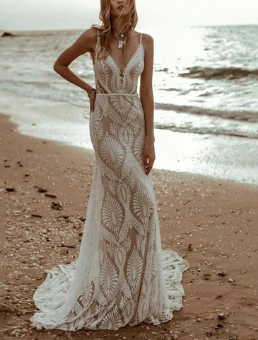 Vestidos de noiva vintage praia com costas abertas, camisola sereia, decote em V, sem mangas, cauda escova, chiffon, com pregas, vestidos de noiva lisos