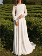 Beach Vintage Open Back Wedding Dresses A-Line Scoop Neck Long Sleeve Sweep / Brush Train Chiffon Bridal Gowns With Appliques