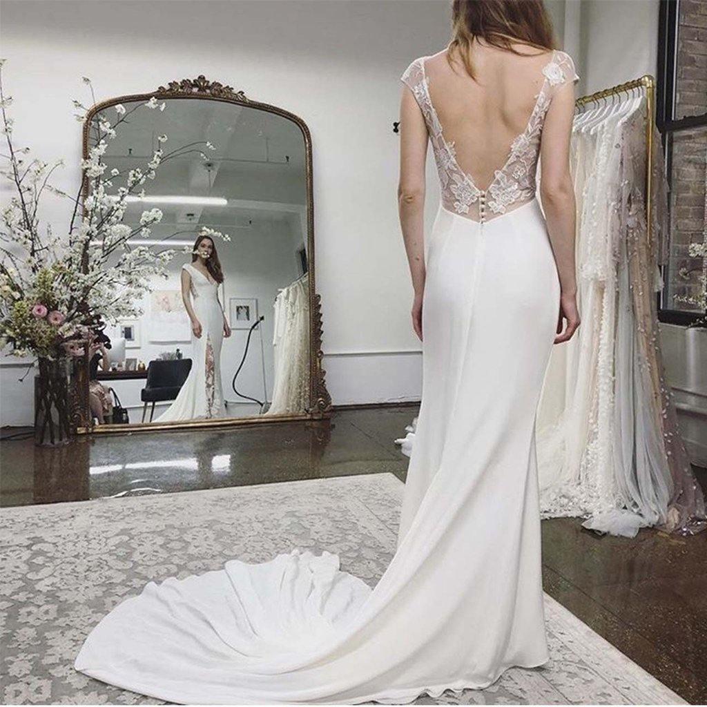Strandhochzeitskleid mit Kapellenärmeln, Applikationen, rückenfreiem Spitzen-Brautkleid