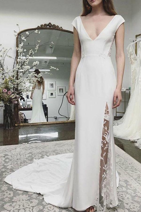 Strandhochzeitskleid mit Kapellenärmeln, Applikationen, rückenfreiem Spitzen-Brautkleid