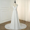 Abito da Sposa da Spiaggia Doppia Scollatura a V Senza Maniche con Perline e Applique Chiffon a Linea A