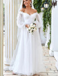 Abiti da Sposa per Matrimonio in Spiaggia A-Line Scollati Spalle Scoperte Maniche Lunghe Lunghezza Pavimento in Tulle con Inserti e Applicazioni in Pizzo