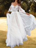 Abiti da Sposa da Spiaggia in Linea A Spalle Scoperte Manica Lunga con Strascico a Pennello e Pizzi con Pieche e Appliques