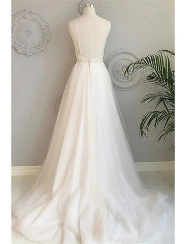 Vestidos de noiva de praia, corte A, decote em coração, camisola, alças finas, cauda comprida, vestidos de noiva de renda com botões e aplicações