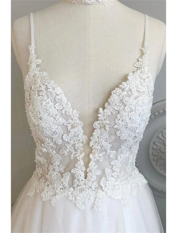 Vestidos de noiva de praia, corte A, decote em coração, camisola, alças finas, cauda comprida, vestidos de noiva de renda com botões e aplicações
