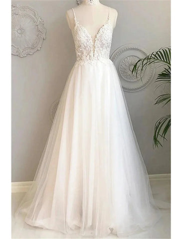 Vestidos de noiva de praia, corte A, decote em coração, camisola, alças finas, cauda comprida, vestidos de noiva de renda com botões e aplicações