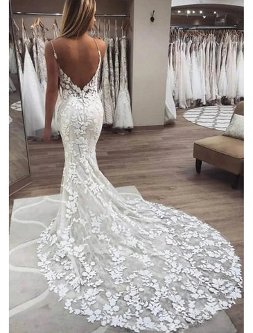 Vestidos de noiva de praia, camisola, decote em V, alças finas, cauda de capela, vestidos de noiva de renda