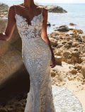 Strand Brautkleider Camisole V-Ausschnitt Spaghettiträger Kapelle Schleppe Spitze Brautkleider
