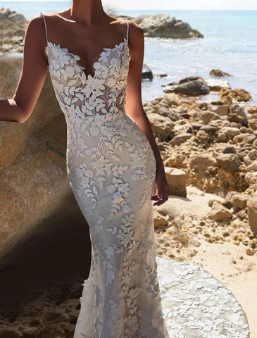 Vestidos de noiva de praia, camisola, decote em V, alças finas, cauda de capela, vestidos de noiva de renda