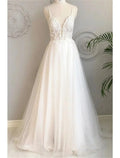 Abiti da Sposa da Spiaggia con Strascico Corto, Linea A, Senza Maniche, Spaghetti Strap, Pizzo con Bottoni e Appliques