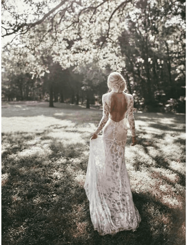 Beach Wedding Dresses Court Train Mermaid / Trumpet Long Sleeve High Neck Lace With Appliques Solid Color&nbsp;