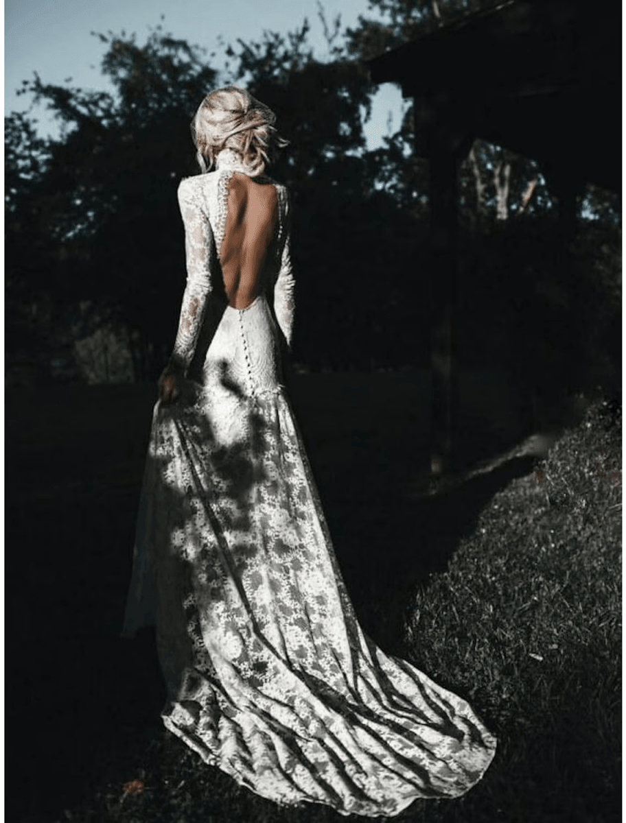 Beach Wedding Dresses Court Train Mermaid / Trumpet Long Sleeve High Neck Lace With Appliques Solid Color&nbsp;