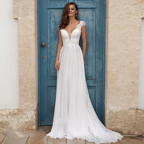 NumberSea Weiß/Elfenbein Strand Brautkleider Plus Größe Flügelärmeln V-Ausschnitt Top Spitze A-Linie Chiffon Robe De Mariage Boho Brautkleid