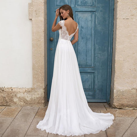 NumberSea Weiß/Elfenbein Strand Brautkleider Plus Größe Flügelärmeln V-Ausschnitt Top Spitze A-Linie Chiffon Robe De Mariage Boho Brautkleid