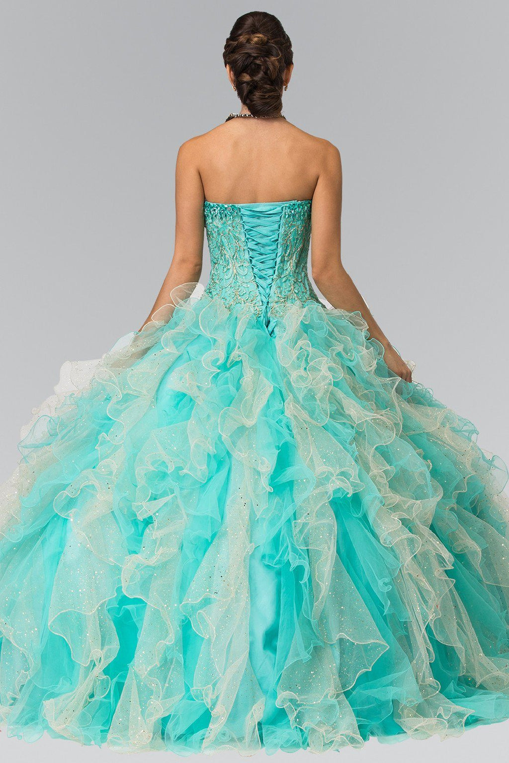 Bead Embroidered Strapless Ruffled Ballgown by Elizabeth K GL2210