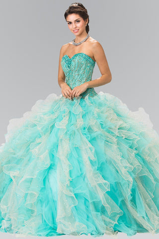 Perlenbesticktes trägerloses Ballkleid mit Rüschen von Elizabeth K GL2210