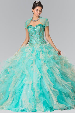 Perlenbesticktes trägerloses Ballkleid mit Rüschen von Elizabeth K GL2210