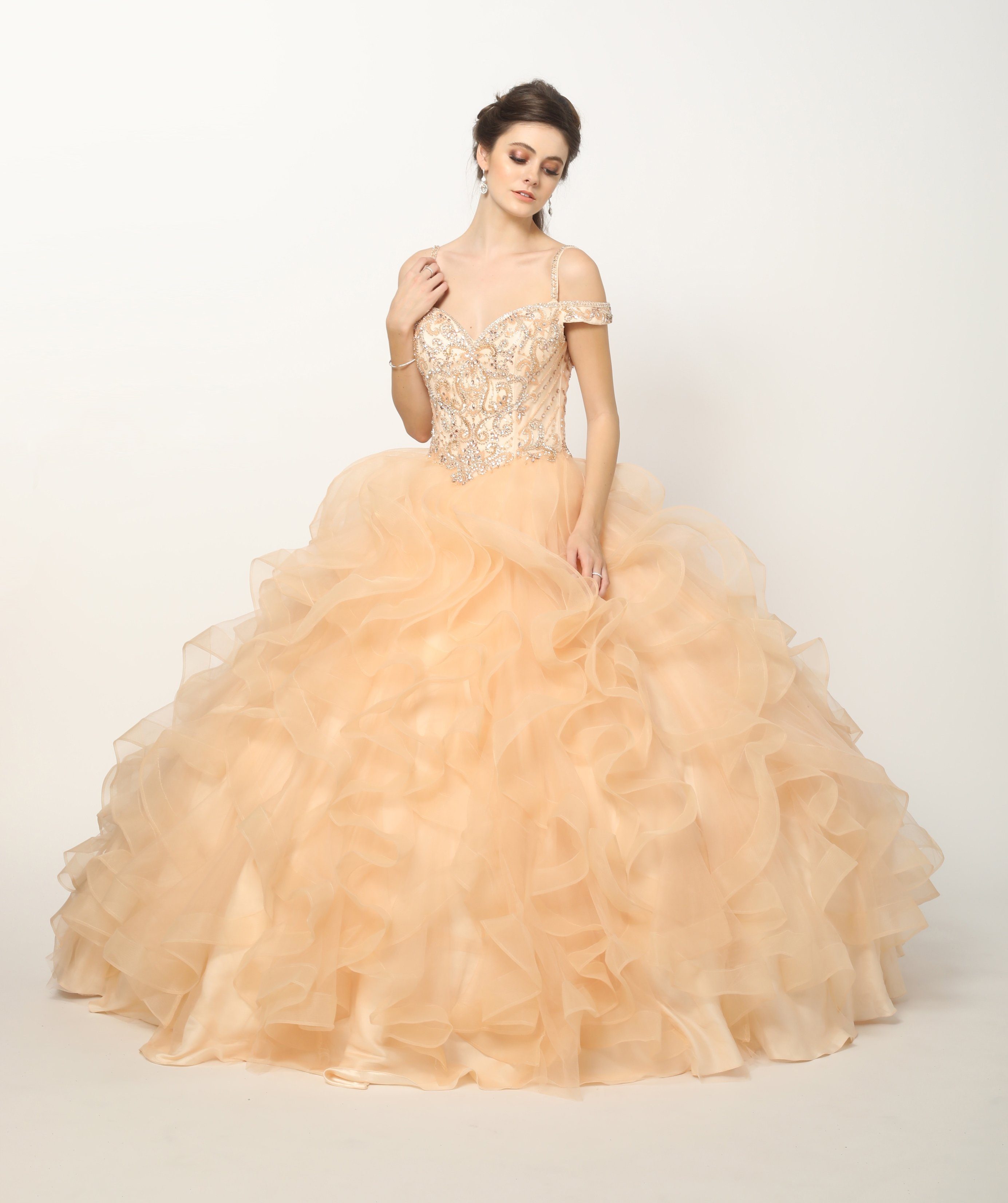 Ruffled Cold Shoulder Ball Gown by Juliet 1421