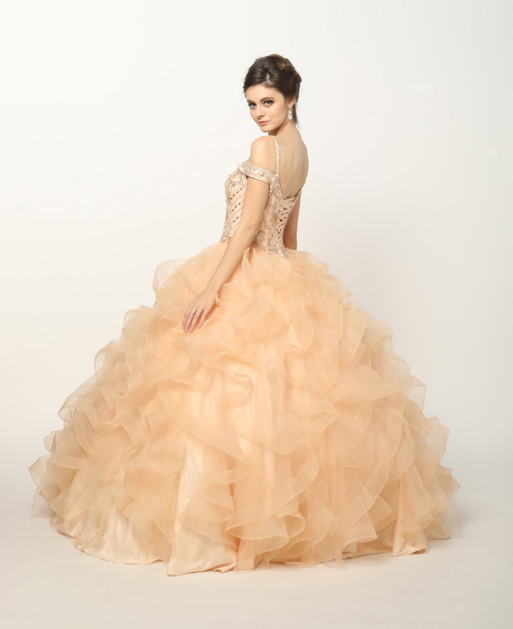 Ruffled Cold Shoulder Ball Gown by Juliet 1421