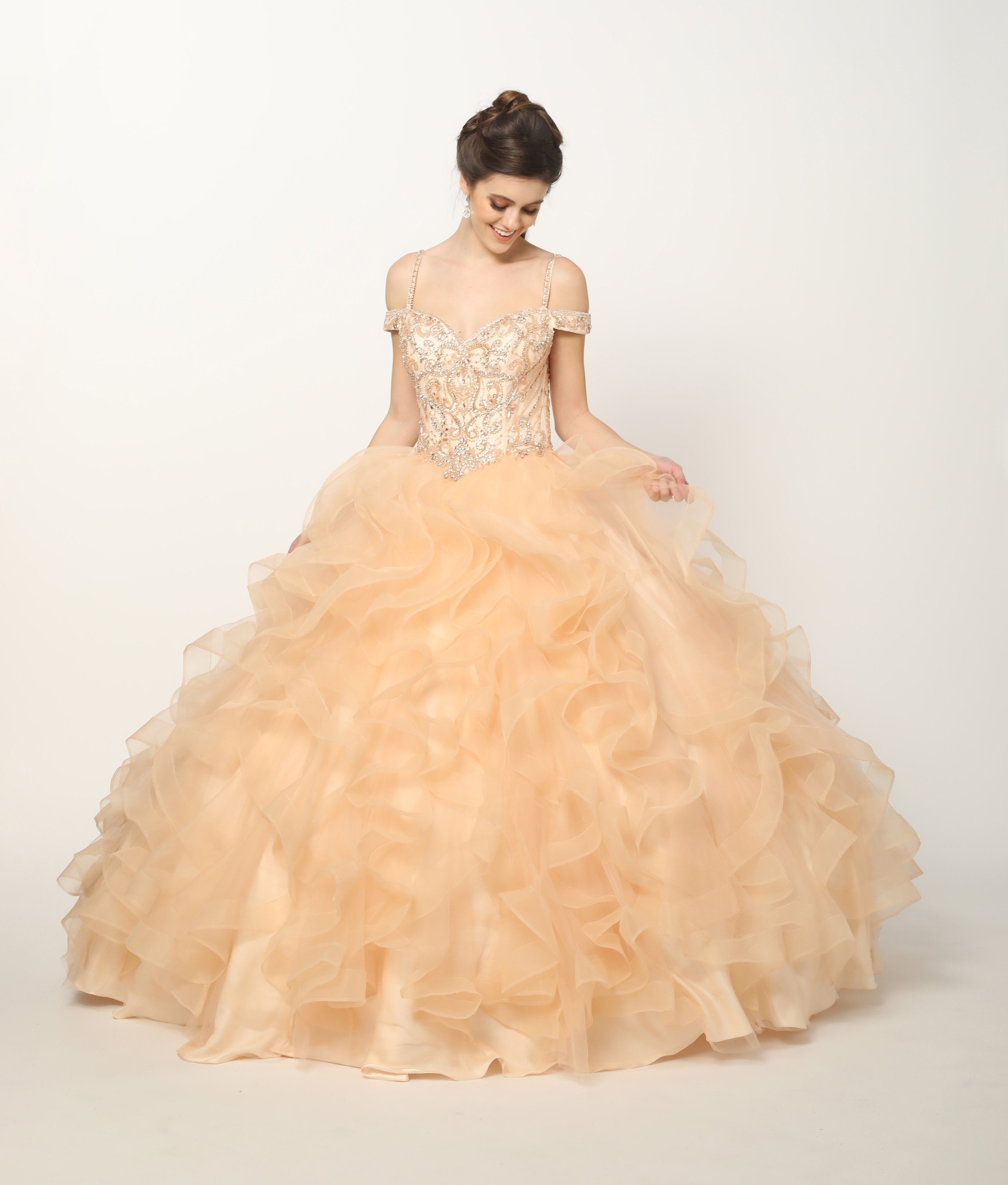 Ruffled Cold Shoulder Ball Gown by Juliet 1421