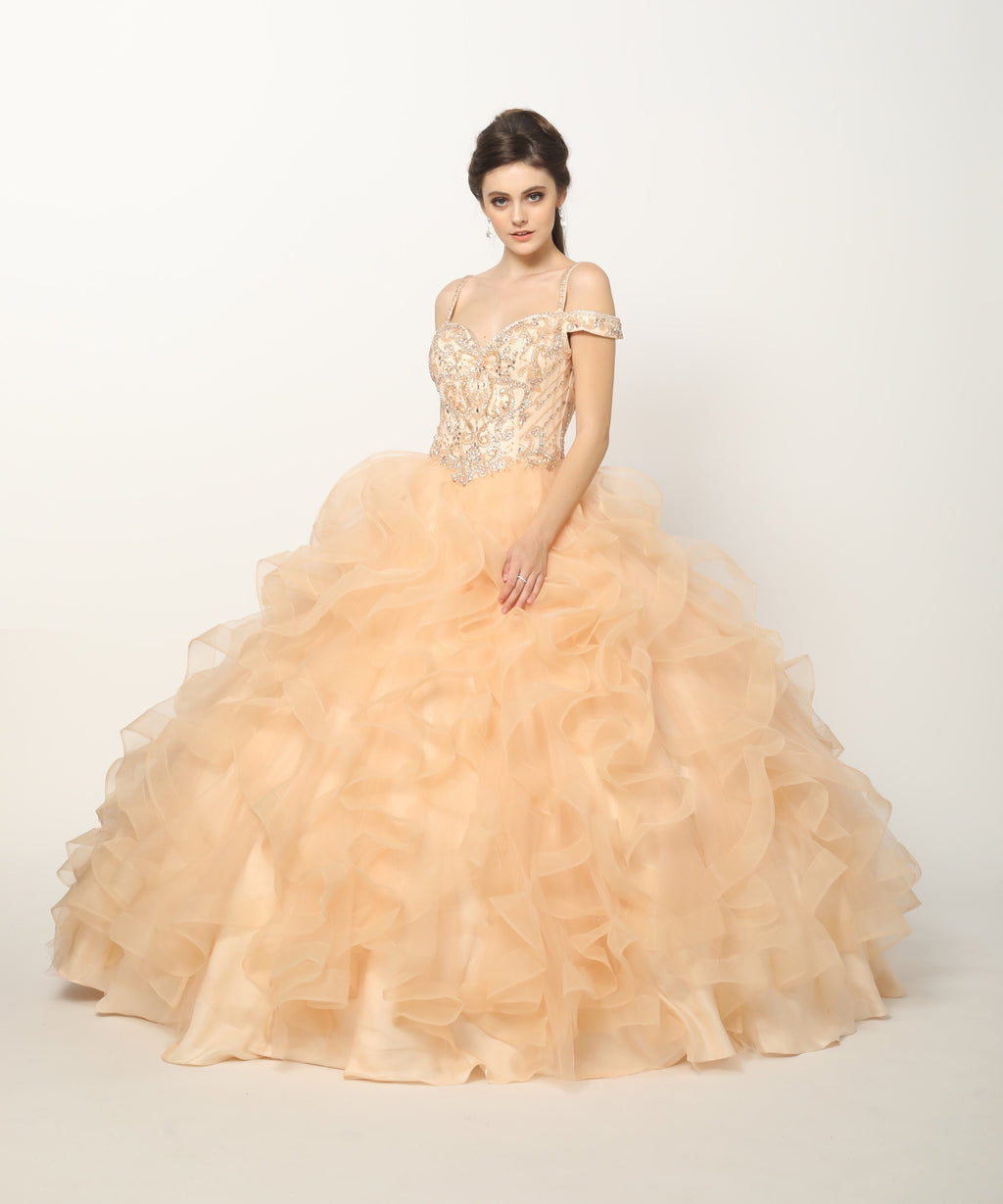 Ruffled Cold Shoulder Ball Gown by Juliet 1421