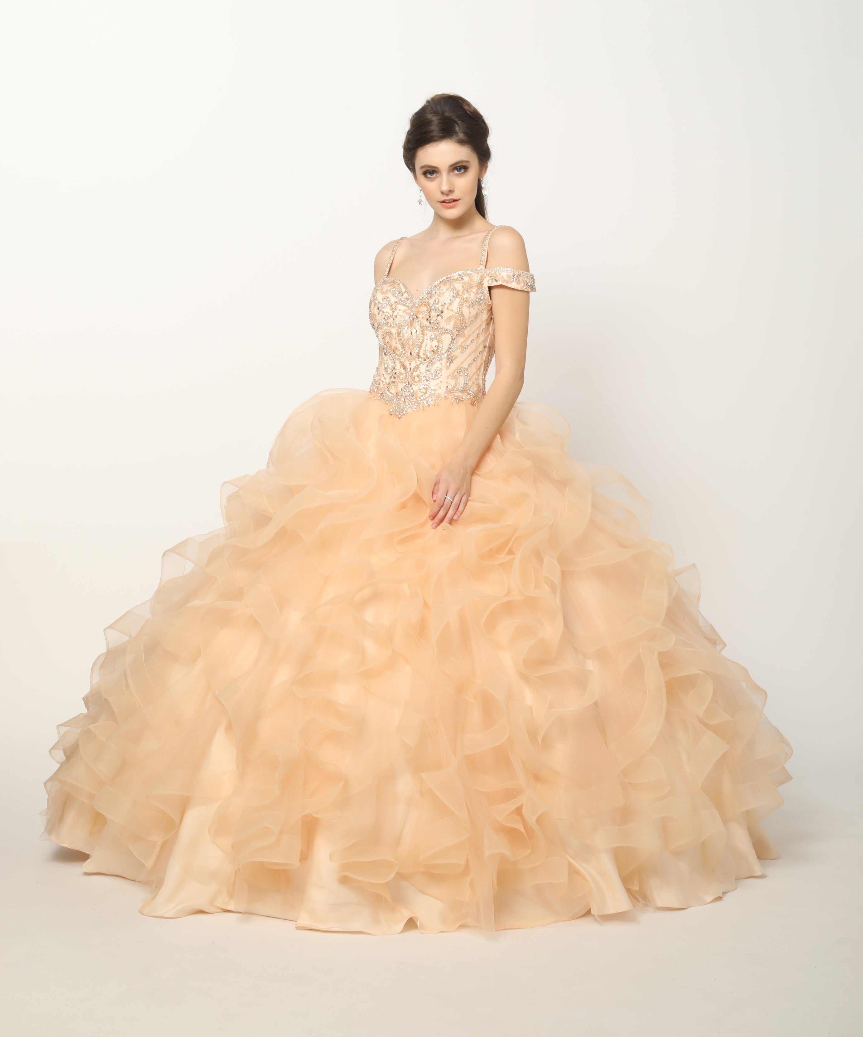 Ruffled Cold Shoulder Ball Gown by Juliet 1421