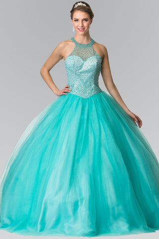 Perlenbesetztes Neckholder-Illusion-Ballkleid von Elizabeth K GL2309
