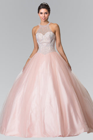 Perlenbesetztes Neckholder-Illusion-Ballkleid von Elizabeth K GL2309