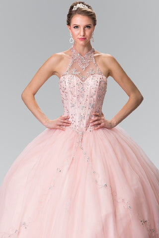 Perlenbesetztes Neckholder-Illusion-Ballkleid von Elizabeth K GL2348