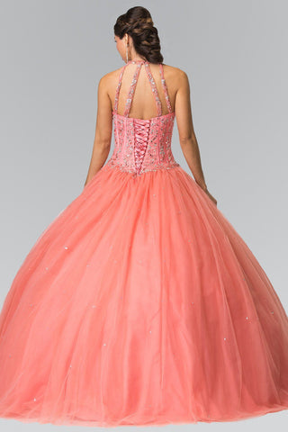 Perlenbesetztes Neckholder-Illusion-Ballkleid von Elizabeth K GL2348