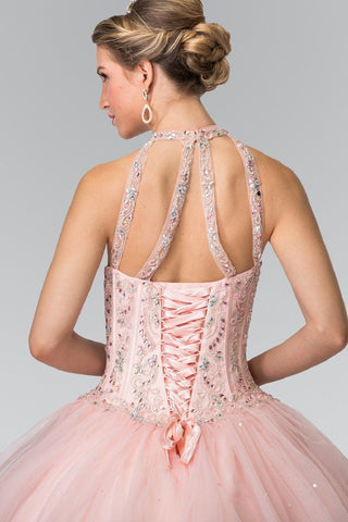Perlenbesetztes Neckholder-Illusion-Ballkleid von Elizabeth K GL2348