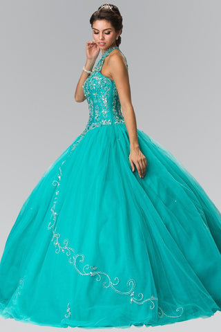 Perlenbesetztes Neckholder-Illusion-Ballkleid von Elizabeth K GL2348