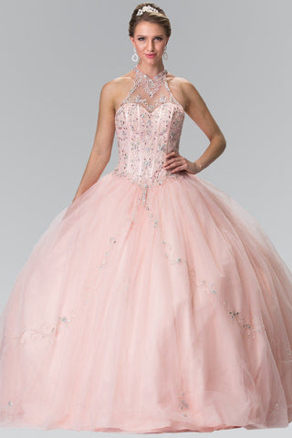 Perlenbesetztes Neckholder-Illusion-Ballkleid von Elizabeth K GL2348