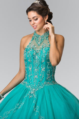 Perlenbesetztes Neckholder-Illusion-Ballkleid von Elizabeth K GL2348