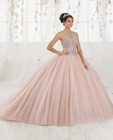 Perlenbesetztes Neckholder-Quinceanera-Kleid aus Tüll von House of Wu 26914