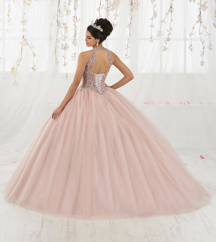 Perlenbesetztes Neckholder-Quinceanera-Kleid aus Tüll von House of Wu 26914