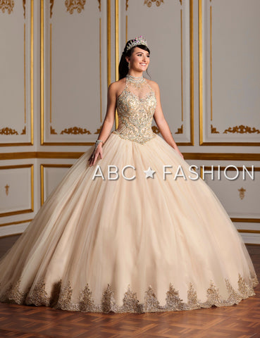 Perlenbesetztes Quinceanera-Kleid mit hohem Kragen von House of Wu 26881